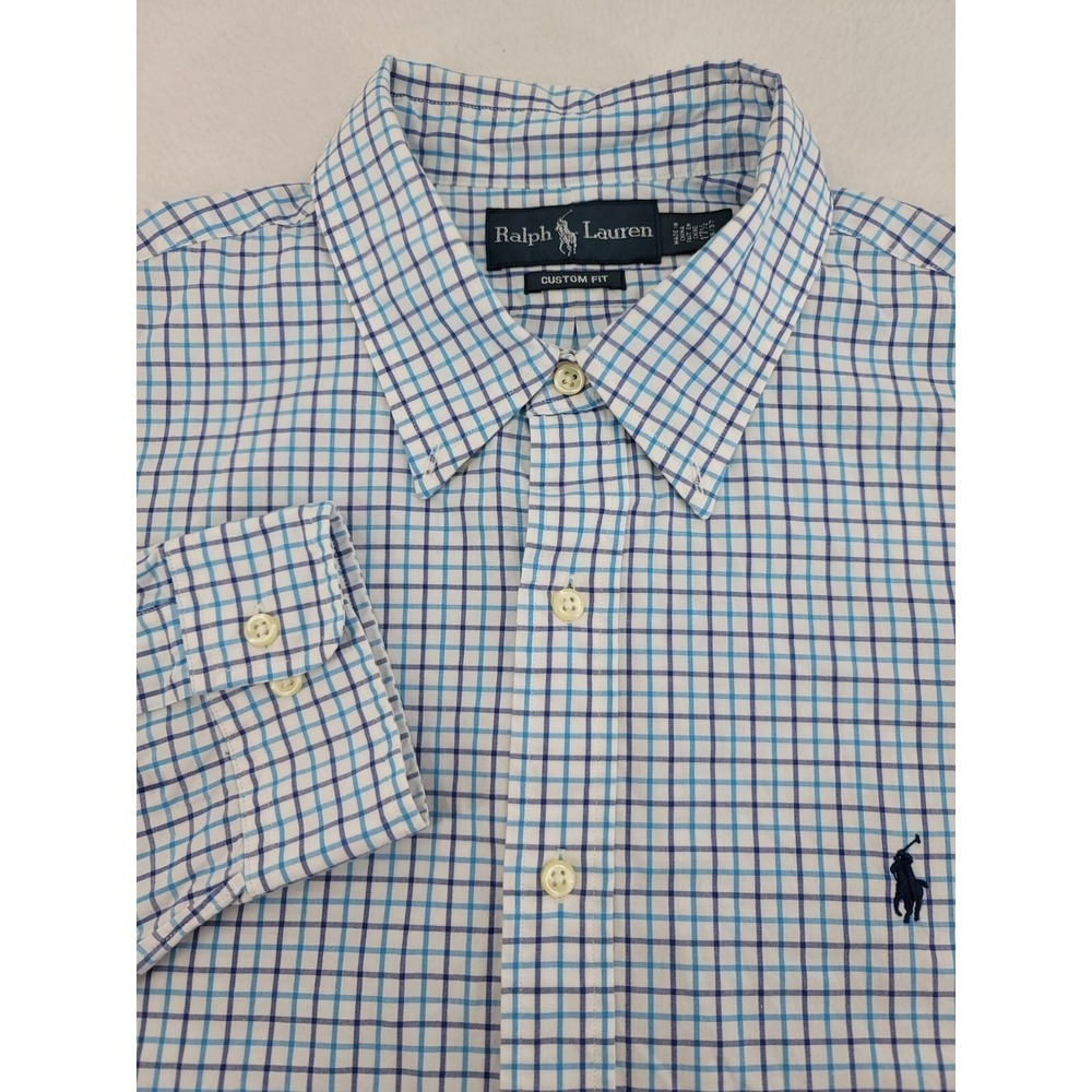 Ralph Lauren Custom Fit Mens 17.5 (xl)‎ Blue White Check Button Down Shirt